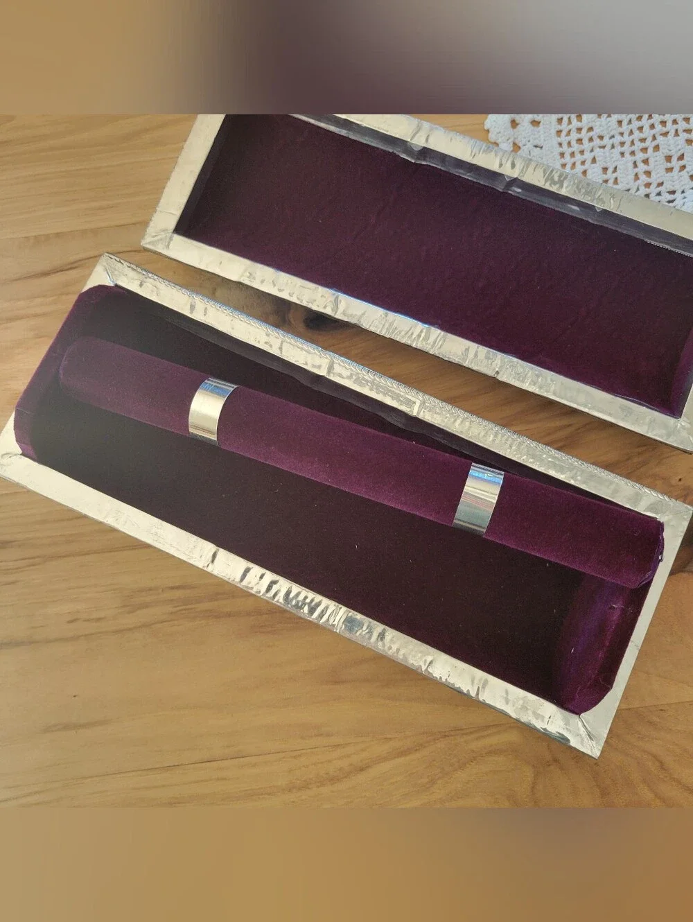 Vintage Indian Embossed Silver Metal Trunk Jewelry Box Purple Velvet Lined